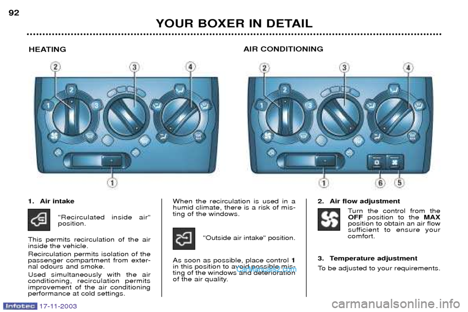 Peugeot Boxer Dag 2003.5 Owners Manual YOUR BOXER IN DETAIL
92
HEATING AIR CONDITIONING
1. Air intake
"Recirculated inside air" position.
This permits recirculation of the airinside the vehicle. Recirculation permits isolation of the passe