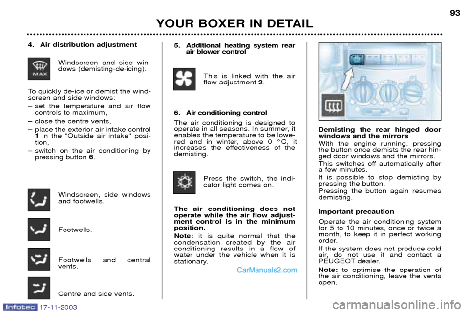 Peugeot Boxer Dag 2003.5 Owners Manual YOUR BOXER IN DETAIL93
4. Air distribution adjustment
Windscreen and side win- dows (demisting-de-icing).
To quickly de-ice or demist the wind-screen and side windows: Ð set the temperature and air f