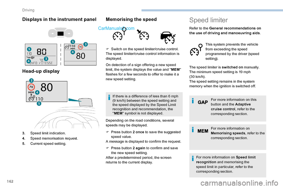 Peugeot Expert 2019  Owners Manual 162
Displays in the instrument panel
Head-up display
3.Speed limit indication.
4. Speed memorisation request.
5. Current speed setting.
Memorising the speed
On detection of a sign offering a new speed