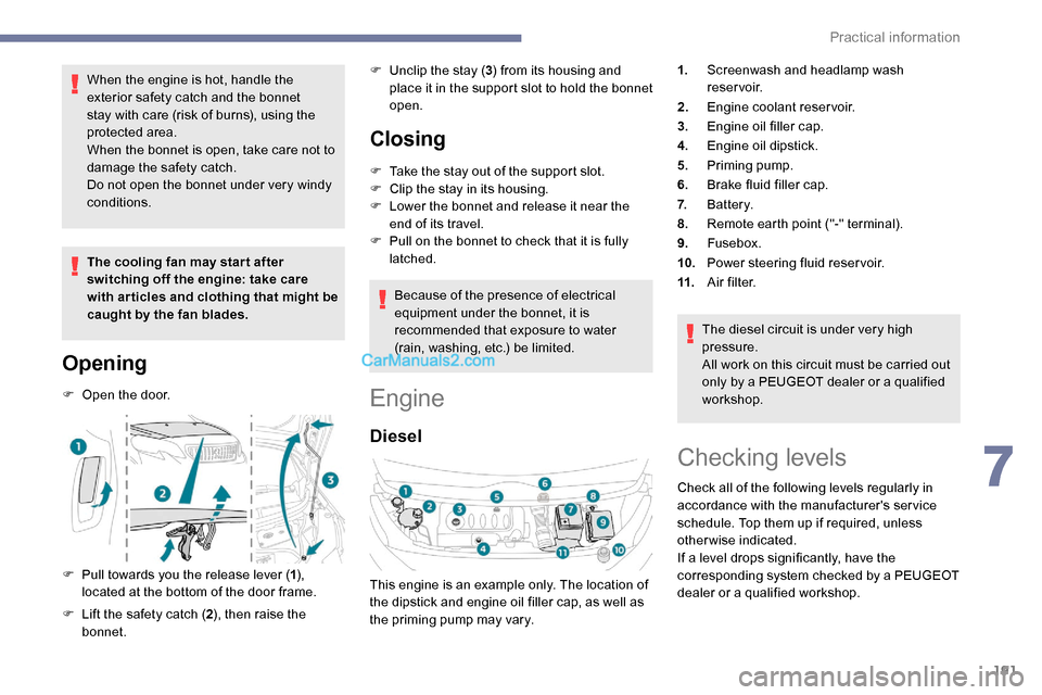 Peugeot Expert 2019  Owners Manual 191
When the engine is hot, handle the 
exterior safety catch and the bonnet 
stay with care (risk of burns), using the 
protected area.
When the bonnet is open, take care not to 
damage the safety ca