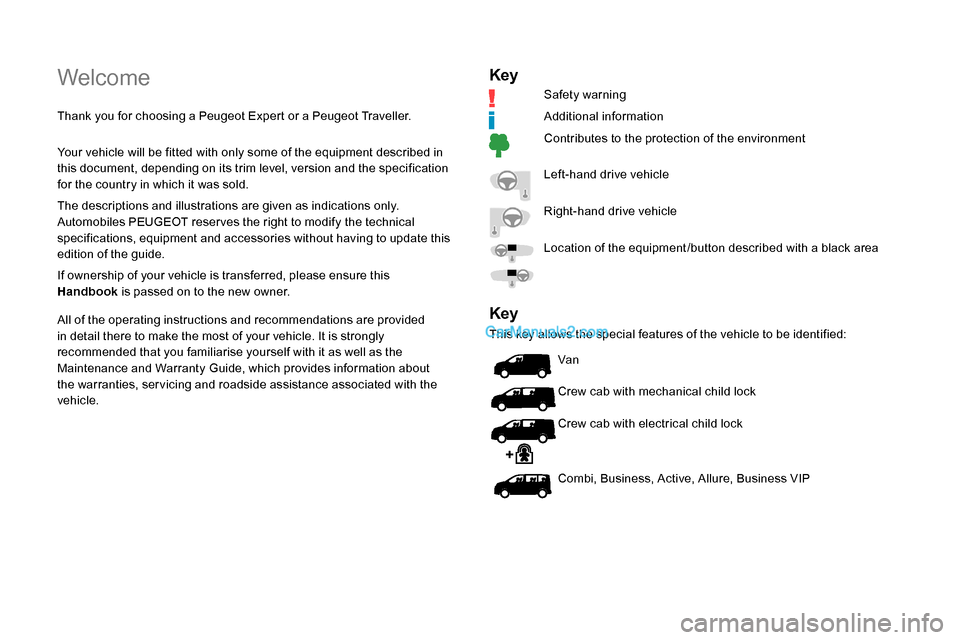 Peugeot Expert 2019  Owners Manual Welcome
Thank you for choosing a Peugeot Expert or a Peugeot Traveller.
Your vehicle will be fitted with only some of the equipment described in 
this document, depending on its trim level, version an