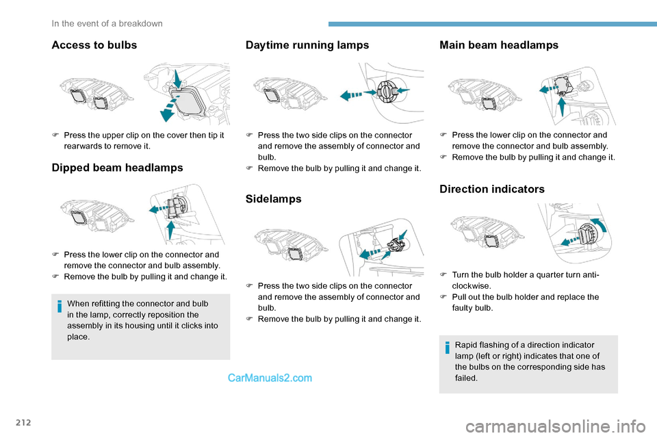Peugeot Expert 2019  Owners Manual 212
Access to bulbs
Dipped beam headlamps
When refitting the connector and bulb 
in the lamp, correctly reposition the 
assembly in its housing until it clicks into 
place.
Daytime running lamps
Sidel