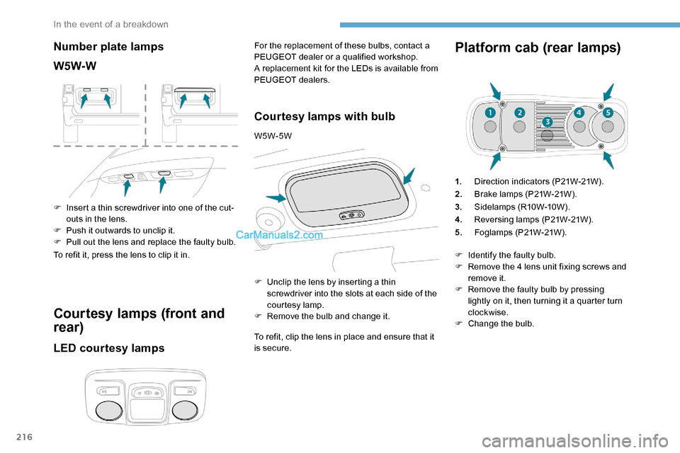 Peugeot Expert 2019  Owners Manual 216
Number plate lamps
W5W-W
F Insert a thin screwdriver into one of the cut-outs in the lens.
F
 
P
 ush it outwards to unclip it.
F
 
P
 ull out the lens and replace the faulty bulb.
To refit it, pr