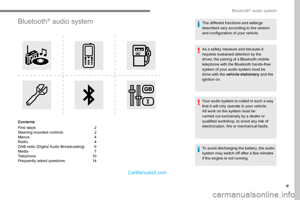 Peugeot Expert 2019  Owners Manual 1
Bluetooth® audio system
Contents
First steps  
2
S

teering mounted controls   
2
M

enus   
4
R

adio   
4
D

AB radio (Digital Audio Broadcasting)   
6
M

edia   
7
T

elephone   
1
 0
Frequently
