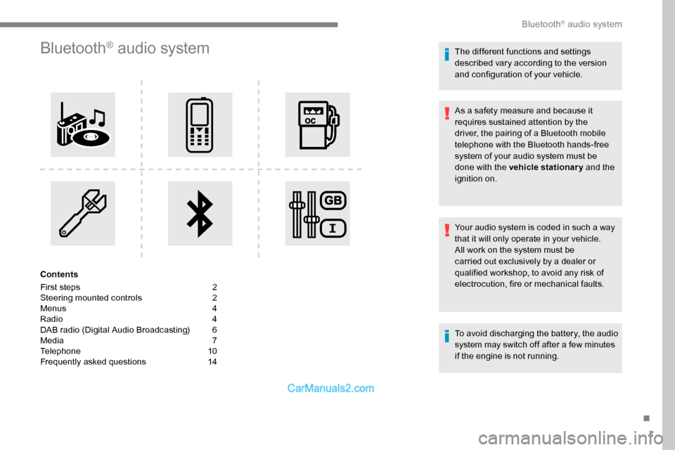 Peugeot Expert 2019 Owners Manual 1
Bluetooth® audio system
Contents
First steps
2
S
teering mounted controls
2
M
enus
4
R
adio
4
D
AB radio (Digital Audio Broadcasting)
6
M
edia
7
T
elephone
1
0
Frequently Peugeot Expert 2019 Owners Manual 1
Bluetooth® audio system
Contents
First steps
2
S
teering mounted controls
2
M
enus
4
R
adio
4
D
AB radio (Digital Audio Broadcasting)
6
M
edia
7
T
elephone
1
0
Frequently