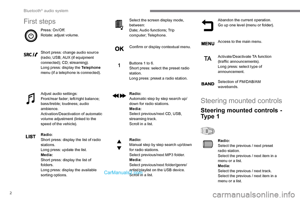 Peugeot Expert 2019  Owners Manual 2
First steps
Press: On/Off.
Rotate: adjust volume.
Short press: change audio source 
(radio; USB; AUX (if equipment 
connected); CD; streaming).
Long press: display the Telephone 
menu (if a telephon