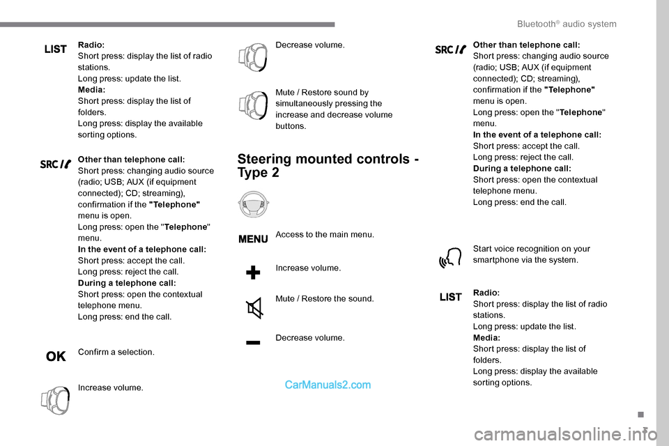 Peugeot Expert 2019 Owners Manual 3
Radio:
Short press: display the list of radio
stations.
Long press: update the list.
Media:
Short press: display the list of
folders.
Long press: display the available
sorting options.
Other than Peugeot Expert 2019 Owners Manual 3
Radio:
Short press: display the list of radio
stations.
Long press: update the list.
Media:
Short press: display the list of
folders.
Long press: display the available
sorting options.
Other than