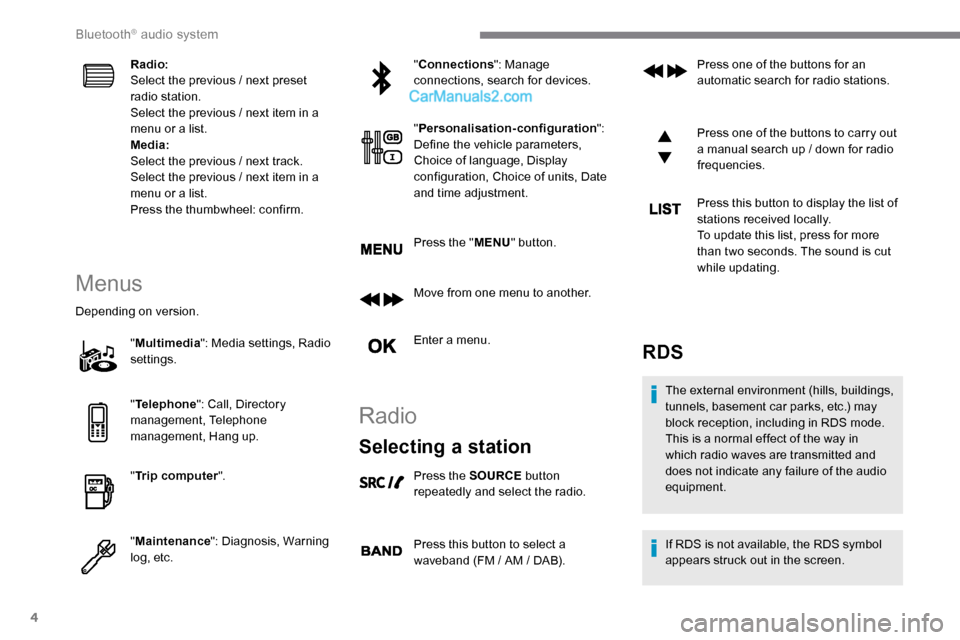 Peugeot Expert 2019 User Guide 4
Radio:
Select the previous / next preset
radio station.
Select the previous / next item in a
menu or a list.
Media:
Select the previous / next track.
Select the previous / next item in a
menu or Peugeot Expert 2019 User Guide 4
Radio:
Select the previous / next preset
radio station.
Select the previous / next item in a
menu or a list.
Media:
Select the previous / next track.
Select the previous / next item in a
menu or