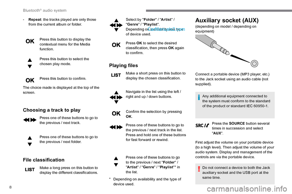 Peugeot Expert 2019 Owners Manual 8
- Repeat: the tracks played are only those
from the current album or folder.
Press this button to display the
contextual menu for the Media
function.
Press this button to select the
chosen play Peugeot Expert 2019 Owners Manual 8
- Repeat: the tracks played are only those
from the current album or folder.
Press this button to display the
contextual menu for the Media
function.
Press this button to select the
chosen play