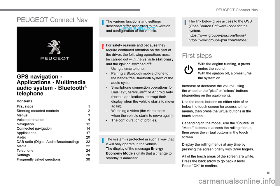 Peugeot Expert 2019 Owners Guide 1
PEUGEOT Connect Nav
GPS navigation -
Applications - Multimedia
audio system - Bluetooth
®
telephone
Contents
First steps
1
S
teering mounted controls
2
M
enus
3
V
oice commands
4
Peugeot Expert 2019 Owners Guide 1
PEUGEOT Connect Nav
GPS navigation -
Applications - Multimedia
audio system - Bluetooth
®
telephone
Contents
First steps
1
S
teering mounted controls
2
M
enus
3
V
oice commands
4