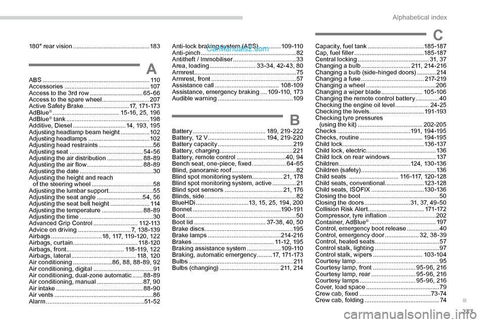 Peugeot Expert 2019 Owners Manual 233
ABS ...............................................................11 0
Accessories .................................................. 107
Access to the 3rd row
...............................6 Peugeot Expert 2019 Owners Manual 233
ABS ...............................................................11 0
Accessories .................................................. 107
Access to the 3rd row
...............................6