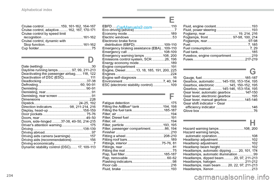 Peugeot Expert 2019 User Guide 234
G
H
Gauge, fuel............................................. 185 -187
Gearbox, automatic  .......145 -15 0, 15 3 -15 4, 19 5
Gearbox, electronic
 

...............145, 15 0 -152, 19 5
Gearbox, man