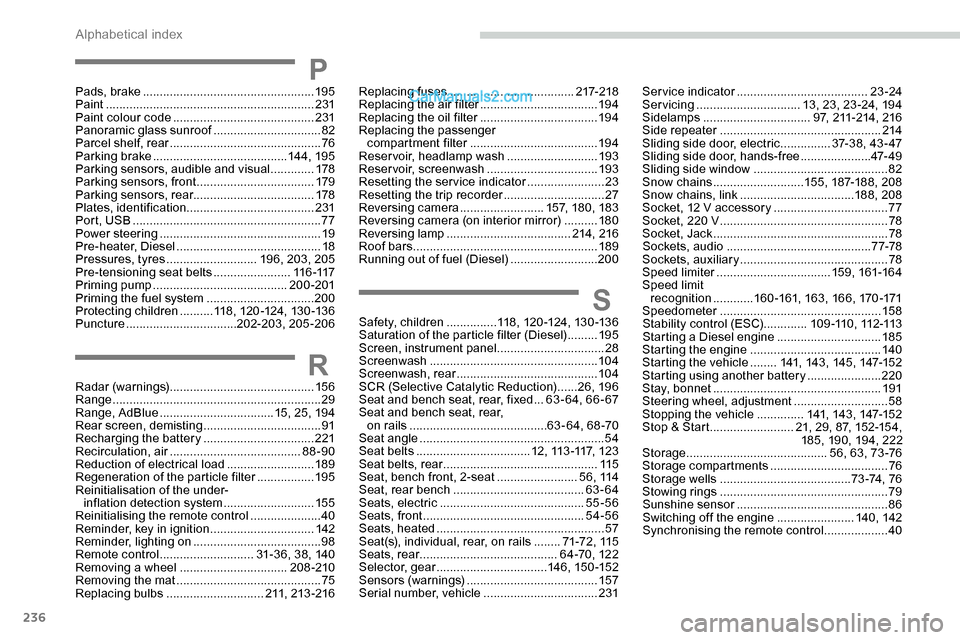 Peugeot Expert 2019 User Guide 236
Pads, brake ................................................... 195
Paint  .............................................................. 231
Paint colour code
  ..................................