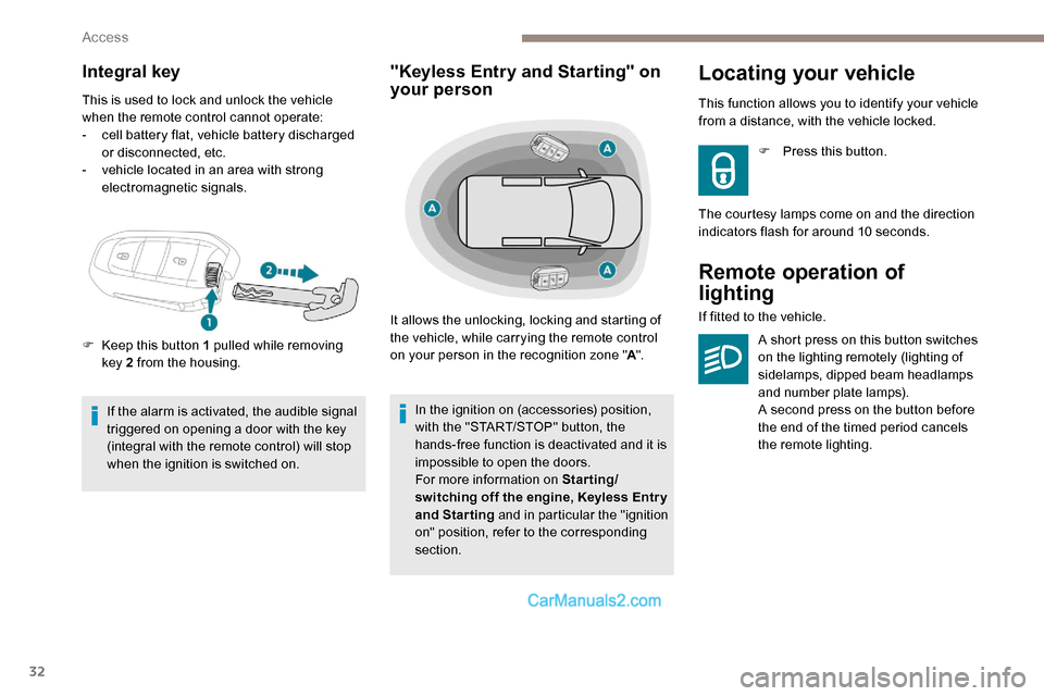 Peugeot Expert 2019  Owners Manual 32
Integral key
This is used to lock and unlock the vehicle 
when the remote control cannot operate:
- 
c
 ell battery flat, vehicle battery discharged 
or disconnected, etc.
-
 
v
 ehicle located in 