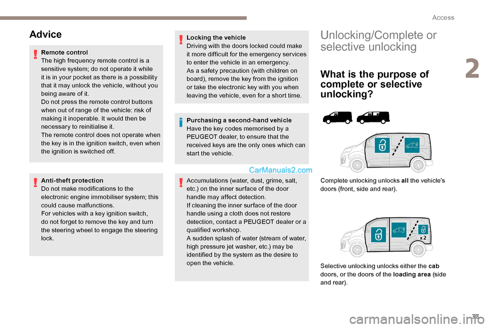 Peugeot Expert 2019 Owners Manual 33
Unlocking/Complete or
selective unlocking
What is the purpose of
complete or selective
unlocking?
Complete unlocking unlocks all the vehicle’s
doors (front, side and rear).
Selective unlockin Peugeot Expert 2019 Owners Manual 33
Unlocking/Complete or
selective unlocking
What is the purpose of
complete or selective
unlocking?
Complete unlocking unlocks all the vehicle’s
doors (front, side and rear).
Selective unlockin