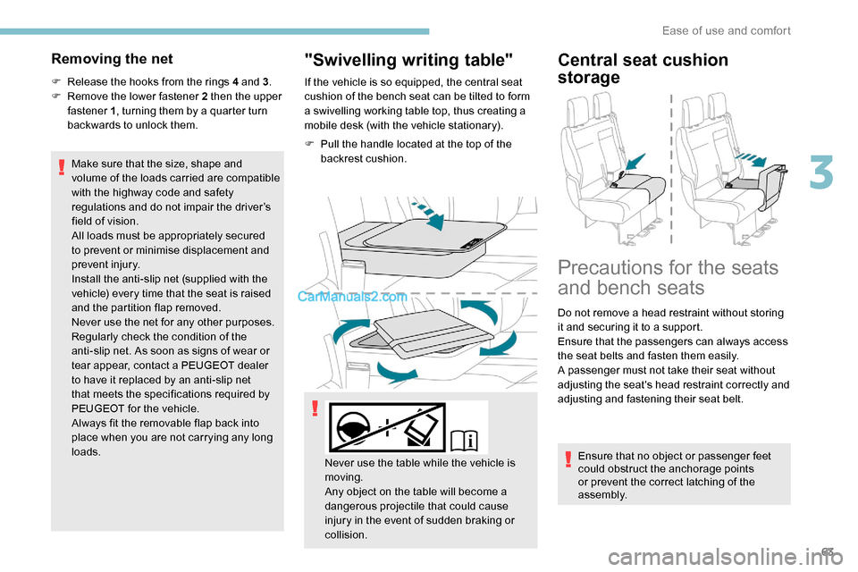 Peugeot Expert 2019 Repair Manual 63
Removing the net
F Release the hooks from the rings 4 and 3.
F R emove the lower fastener 2 then the upper
fastener 1 , turning them by a quarter turn
backwards to unlock them.
Make sure that th Peugeot Expert 2019 Repair Manual 63
Removing the net
F Release the hooks from the rings 4 and 3.
F R emove the lower fastener 2 then the upper
fastener 1 , turning them by a quarter turn
backwards to unlock them.
Make sure that th