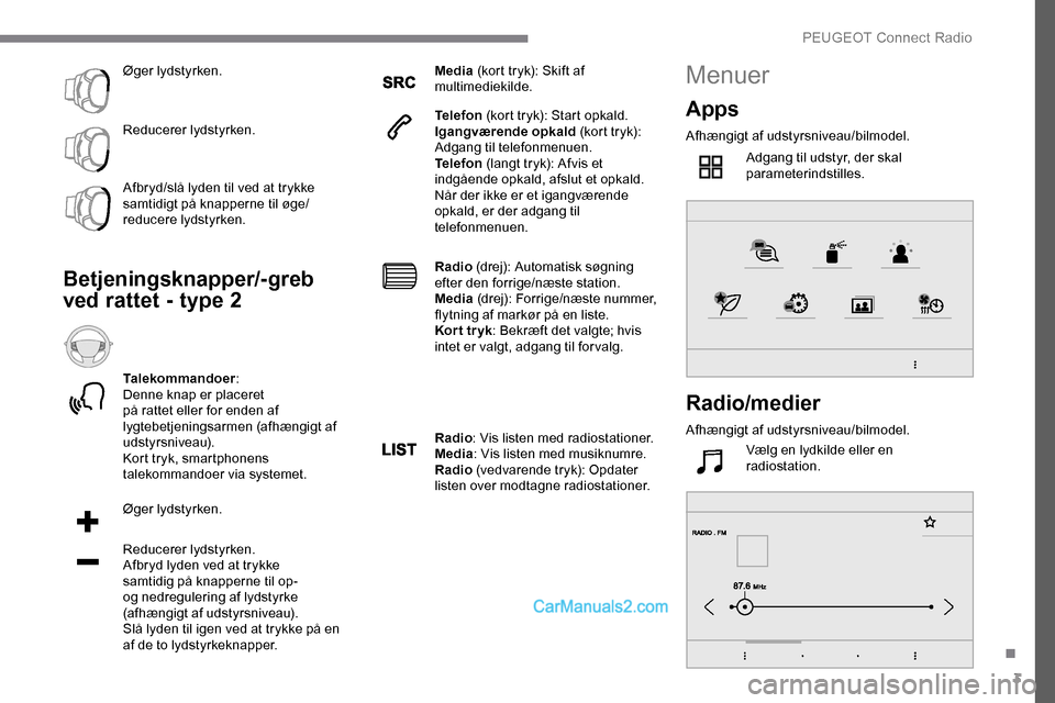 Peugeot Expert 2019 Instruktionsbog (in Danish) 3
Øger lydstyrken.
Reducerer lydstyrken.
Afbryd/slå lyden til ved at trykke
samtidigt på knapperne til øge/
reducere lydstyrken.
Betjeningsknapper/-greb
ved rattet - type 2
Talekommandoer:
Denne Peugeot Expert 2019 Instruktionsbog (in Danish) 3
Øger lydstyrken.
Reducerer lydstyrken.
Afbryd/slå lyden til ved at trykke
samtidigt på knapperne til øge/
reducere lydstyrken.
Betjeningsknapper/-greb
ved rattet - type 2
Talekommandoer:
Denne