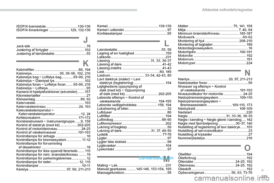 Peugeot Expert 2019  Instruktionsbog (in Danish) 235
Kørsel ..................................................... 13 8 -13 9
Kørsel i udlandet  ............................................. 97
Kortlæselamper
 

...................................