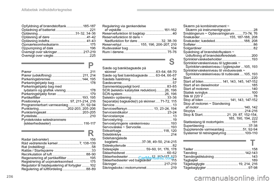 Peugeot Expert 2019  Instruktionsbog (in Danish) 236
Opfyldning af brændstoftank .................185 -187
Opladning af batteriet ................................... 2
21
Oplåsning
 

....................................... 31-32, 34-36
Oplåsning