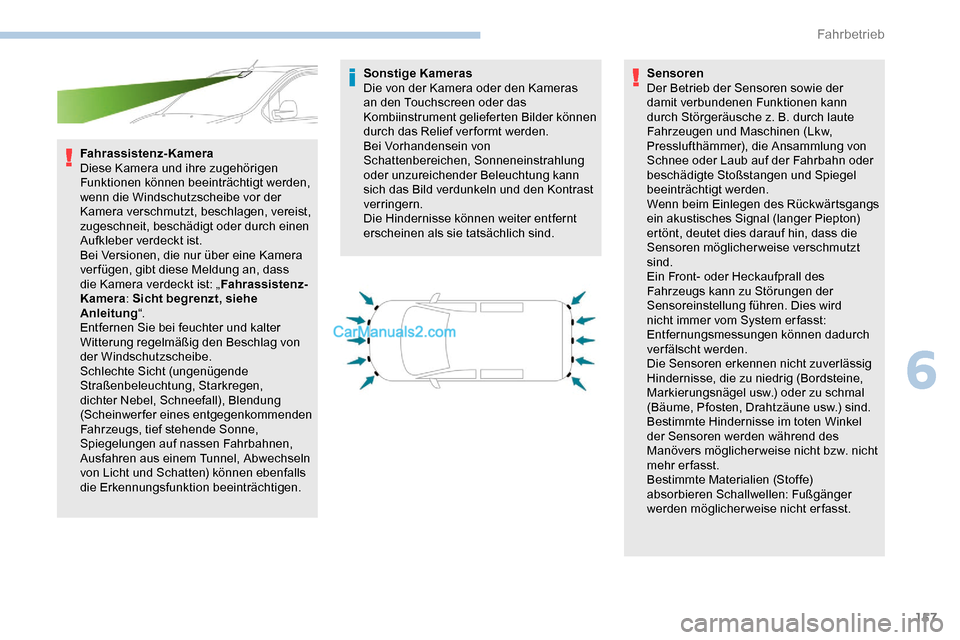 Peugeot Expert 2019  Betriebsanleitung (in German) 157
Fahrassistenz-Kamera
Diese Kamera und ihre zugehörigen 
Funktionen können beeinträchtigt werden, 
wenn die Windschutzscheibe vor der 
Kamera verschmutzt, beschlagen, vereist, 
zugeschneit, besc