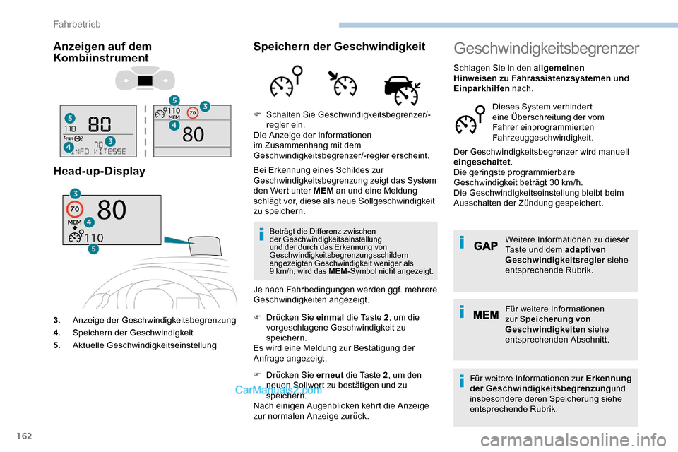 Peugeot Expert 2019  Betriebsanleitung (in German) 162
Anzeigen auf dem 
Kombiinstrument
Head-up-Display
3.Anzeige der Geschwindigkeitsbegrenzung
4. Speichern der Geschwindigkeit
5. Aktuelle Geschwindigkeitseinstellung
Speichern der Geschwindigkeit
Be