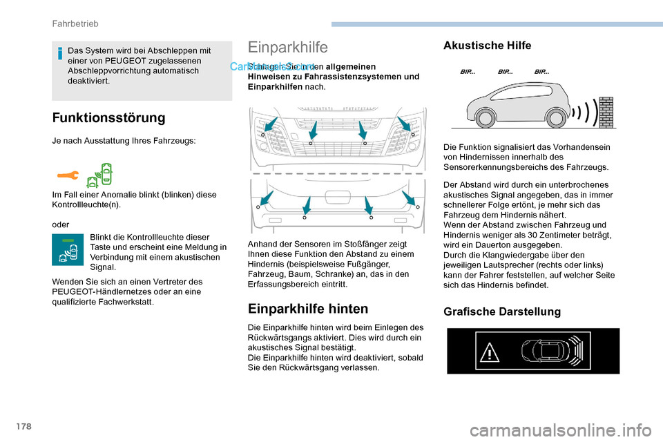 Peugeot Expert 2019  Betriebsanleitung (in German) 178
Funktionsstörung
Je nach Ausstattung Ihres Fahrzeugs:
oderBlinkt die Kontrollleuchte dieser 
Taste und erscheint eine Meldung in 
Verbindung mit einem akustischen 
Signal.
Wenden Sie sich an eine