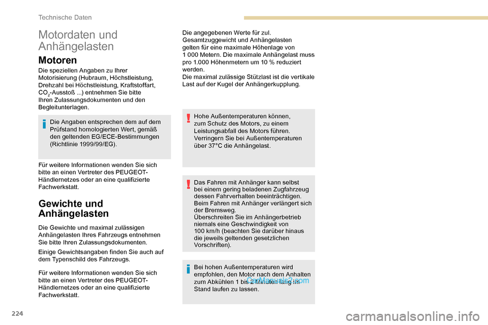 Peugeot Expert 2019  Betriebsanleitung (in German) 224
Motordaten und 
Anhängelasten
Motoren
Die speziellen Angaben zu Ihrer 
Motorisierung (Hubraum, Höchstleistung, 
Drehzahl bei Höchstleistung, Kraftstoffart, 
CO
2-Ausstoß ...) entnehmen Sie bit