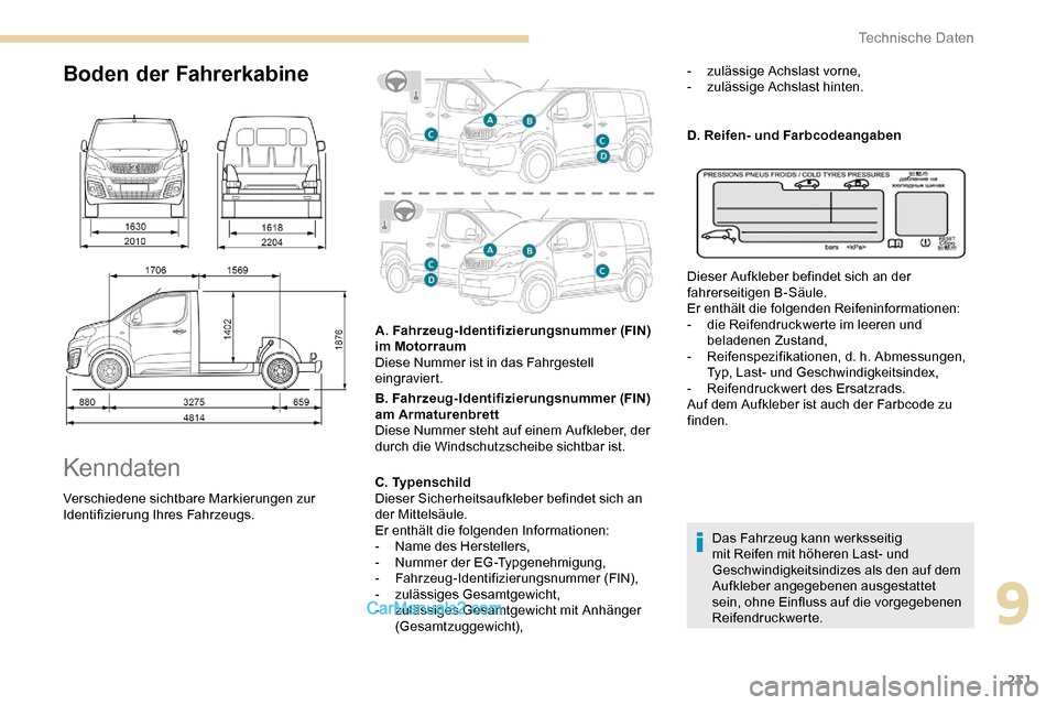 Peugeot Expert 2019  Betriebsanleitung (in German) 231
Boden der Fahrerkabine
Kenndaten
Verschiedene sichtbare Markierungen zur 
Identifizierung Ihres Fahrzeugs.A. Fahrzeug-Identifizierungsnummer (FIN) 
im Motorraum
Diese Nummer ist in das Fahrgestell