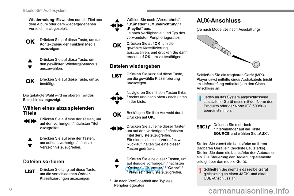 Peugeot Expert 2019  Betriebsanleitung (in German) 8
- Wiederholung: Es werden nur die Titel aus 
dem Album oder dem wiedergegebenen 
Verzeichnis abgespielt.
Drücken Sie auf diese Taste, um das 
Kontextmenü der Funktion Media 
anzuzeigen.
Drücken S