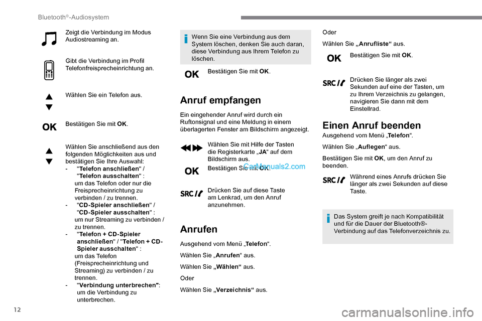 Peugeot Expert 2019  Betriebsanleitung (in German) 12
Zeigt die Verbindung im Modus 
Audiostreaming an.
Gibt die Verbindung im Profil 
Telefonfreisprecheinrichtung an.
Wählen Sie ein Telefon aus.
Bestätigen Sie mit OK.
Wählen Sie anschließend aus 