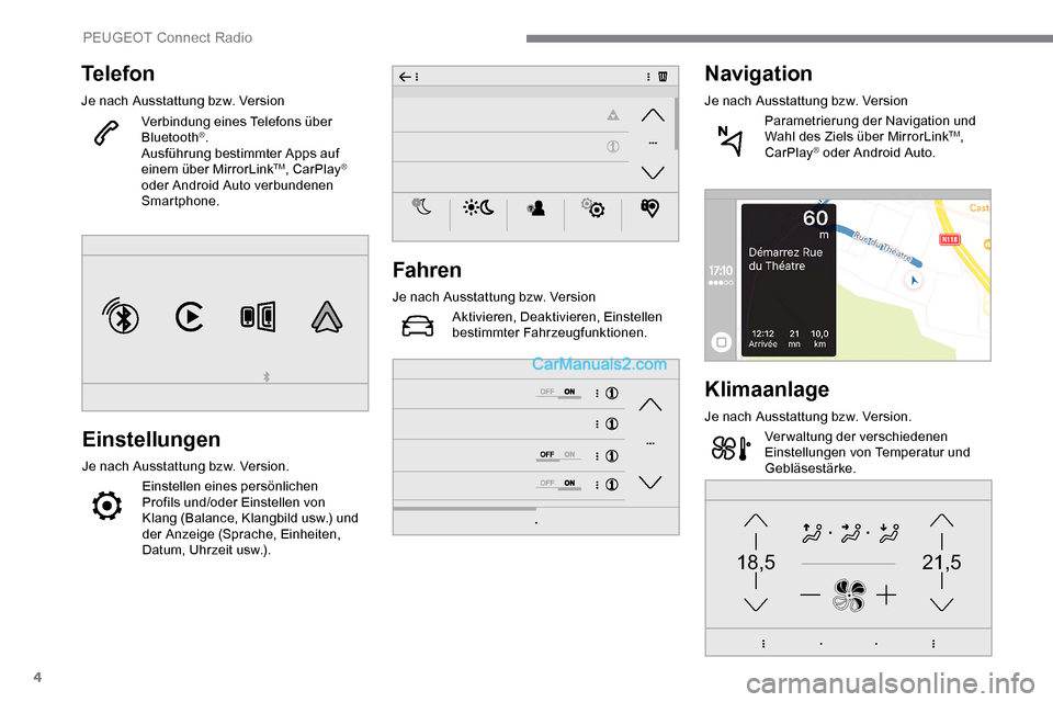 Peugeot Expert 2019  Betriebsanleitung (in German) 4
21,518,5
Telefon
Je nach Ausstattung bzw. VersionVerbindung eines Telefons über 
Bluetooth
®.
Ausführung bestimmter Apps auf 
einem über MirrorLink
TM, CarPlay® 
oder Android Auto verbundenen 
