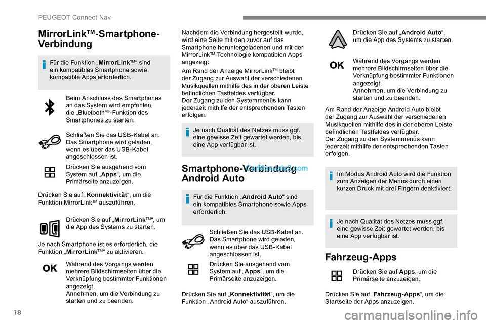 Peugeot Expert 2019  Betriebsanleitung (in German) 18
MirrorLinkTM-Smartphone-
Verbindung
Für die Funktion „ MirrorLinkTM“ sind 
ein kompatibles Smartphone sowie 
kompatible Apps erforderlich.
Drücken Sie ausgehend vom 
System auf „ Apps“, u