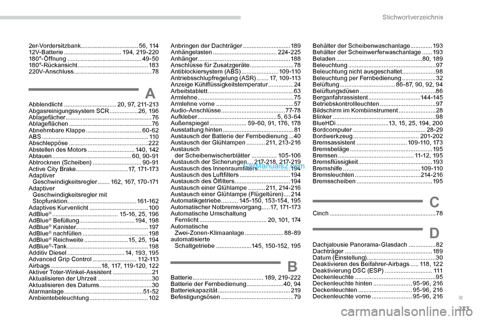 Peugeot Expert 2019  Betriebsanleitung (in German) 233
Abblendlicht ............................... 20, 97, 211-213
Abgasreinigungssystem SCR  .................26, 19 6
Ablagefächer
 

................................................... 76
Ablageflä