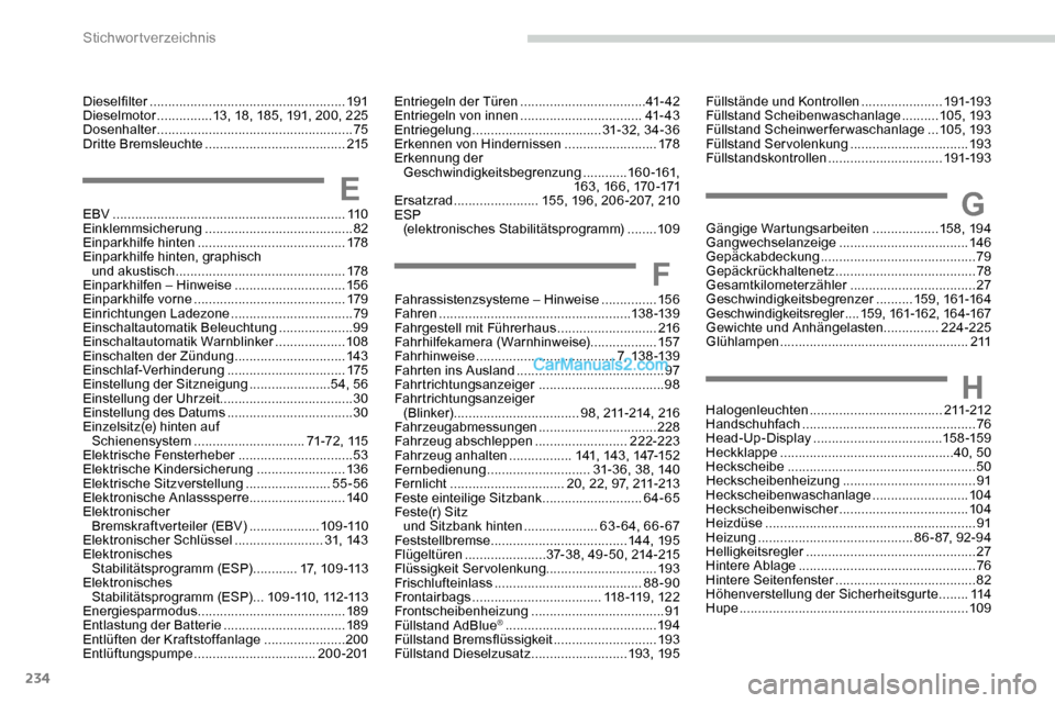 Peugeot Expert 2019  Betriebsanleitung (in German) 234
G
H
Gängige Wartungsarbeiten ..................15 8, 19 4
Gangwechselanzeige ................................... 14
6
Gepäckabdeckung
 .......................................... 79
G

epäckrüc