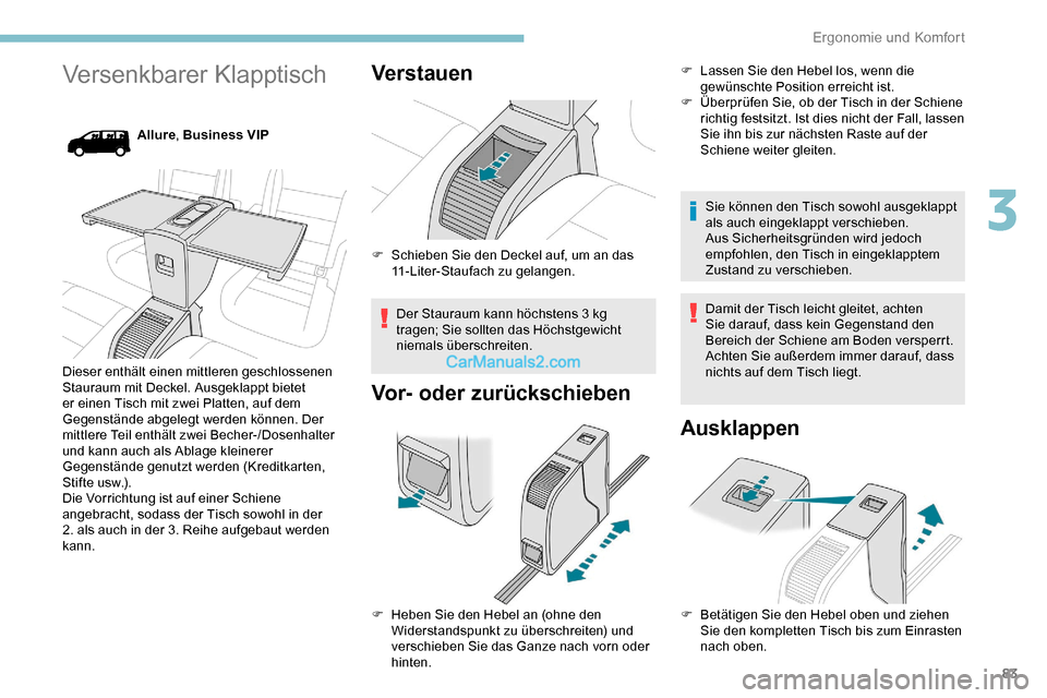 Peugeot Expert 2019  Betriebsanleitung (in German) 83
Versenkbarer Klapptisch
Allure, Business VIP
Dieser enthält einen mittleren geschlossenen 
Stauraum mit Deckel. Ausgeklappt bietet 
er einen Tisch mit zwei Platten, auf dem 
Gegenstände abgelegt 