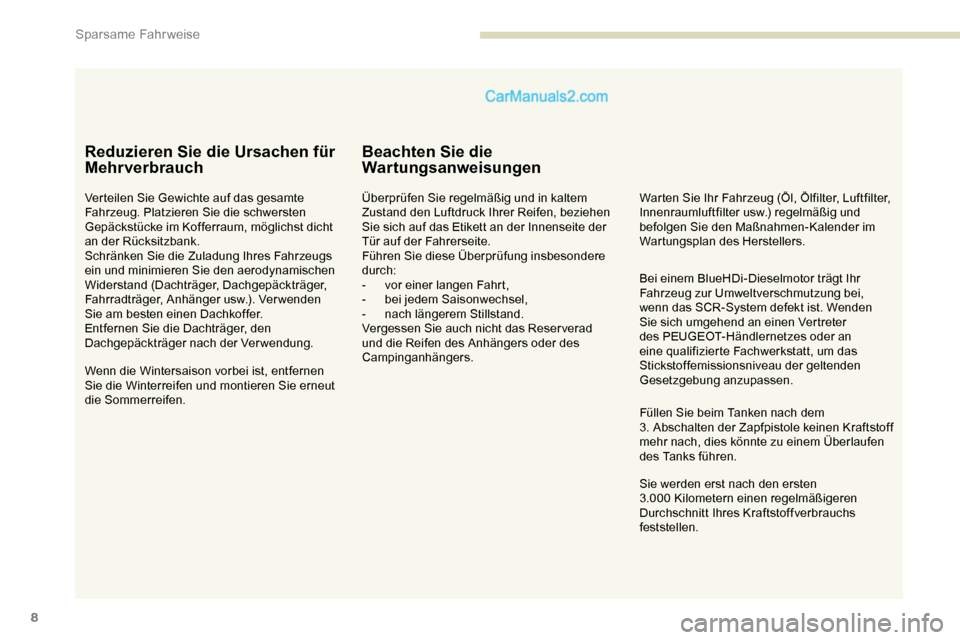 Peugeot Expert 2019 Betriebsanleitung (in German) 8
Reduzieren Sie die Ursachen für
Mehrverbrauch
Verteilen Sie Gewichte auf das gesamte
Fahrzeug. Platzieren Sie die schwersten
Gepäckstücke im Kofferraum, möglichst dicht
an der Rücksitzbank. Peugeot Expert 2019 Betriebsanleitung (in German) 8
Reduzieren Sie die Ursachen für
Mehrverbrauch
Verteilen Sie Gewichte auf das gesamte
Fahrzeug. Platzieren Sie die schwersten
Gepäckstücke im Kofferraum, möglichst dicht
an der Rücksitzbank.