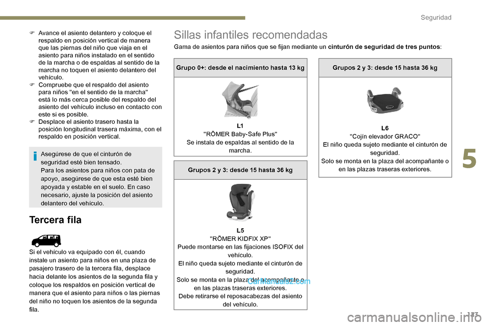 Peugeot Expert 2019 Manual del propietario (in Spanish) 123
F Avance el asiento delantero y coloque el respaldo en posición vertical de manera
que las piernas del niño que viaja en el
asiento para niños instalado en el sentido
de la marcha o de espal Peugeot Expert 2019 Manual del propietario (in Spanish) 123
F Avance el asiento delantero y coloque el respaldo en posición vertical de manera
que las piernas del niño que viaja en el
asiento para niños instalado en el sentido
de la marcha o de espal