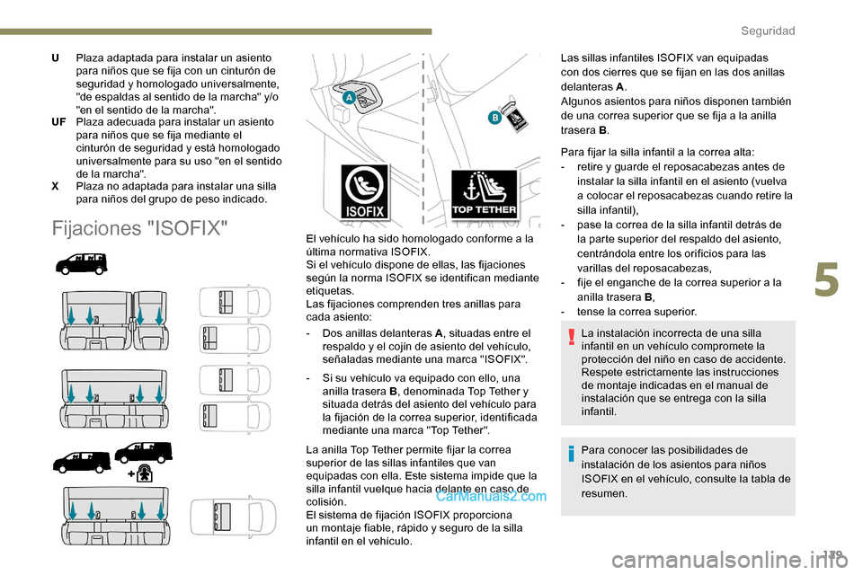 Peugeot Expert 2019 Manual del propietario (in Spanish) 129
UPlaza adaptada para instalar un asiento
para niños que se fija con un cinturón de
seguridad y homologado universalmente,
"de espaldas al sentido de la marcha" y/o
"en el sentido de la march Peugeot Expert 2019 Manual del propietario (in Spanish) 129
UPlaza adaptada para instalar un asiento
para niños que se fija con un cinturón de
seguridad y homologado universalmente,
"de espaldas al sentido de la marcha" y/o
"en el sentido de la march