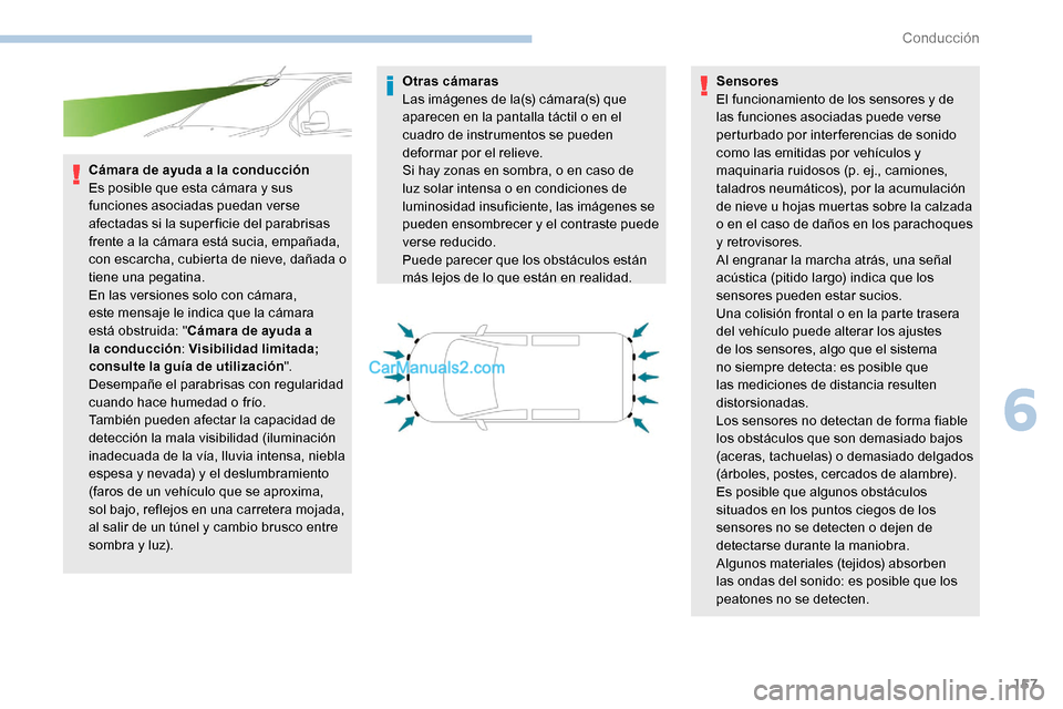 Peugeot Expert 2019 Manual del propietario (in Spanish) 157
Cámara de ayuda a la conducción
Es posible que esta cámara y sus
funciones asociadas puedan verse
afectadas si la super ficie del parabrisas
frente a la cámara está sucia, empañada,
con Peugeot Expert 2019 Manual del propietario (in Spanish) 157
Cámara de ayuda a la conducción
Es posible que esta cámara y sus
funciones asociadas puedan verse
afectadas si la super ficie del parabrisas
frente a la cámara está sucia, empañada,
con
