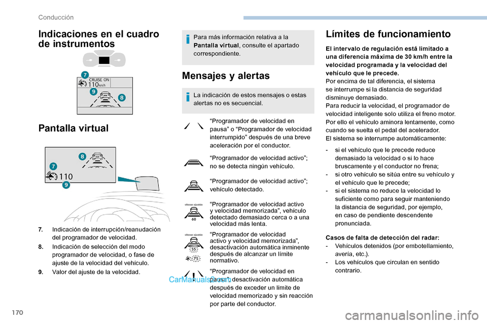 Peugeot Expert 2019 Manual del propietario (in Spanish) 170
Para más información relativa a la
Pantalla virtual, consulte el apartado
correspondiente.
Mensajes y alertas
La indicación de estos mensajes o estas
alertas no es secuencial.
Límites de fu Peugeot Expert 2019 Manual del propietario (in Spanish) 170
Para más información relativa a la
Pantalla virtual, consulte el apartado
correspondiente.
Mensajes y alertas
La indicación de estos mensajes o estas
alertas no es secuencial.
Límites de fu