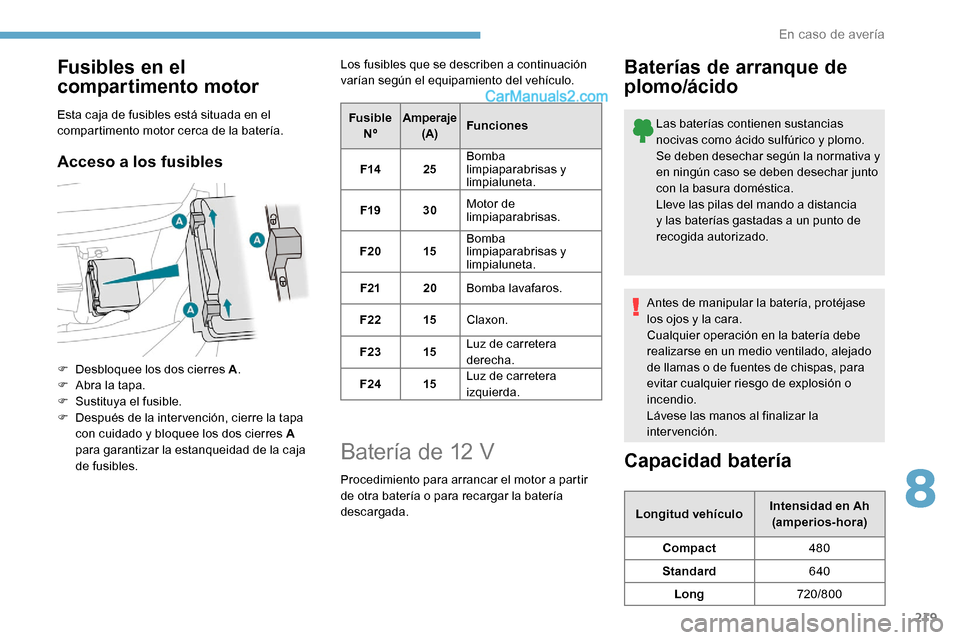 Peugeot Expert 2019 Manual del propietario (in Spanish) 219
Fusibles en el
compartimento motor
Esta caja de fusibles está situada en el
compartimento motor cerca de la batería.
Acceso a los fusibles
F Desbloquee los dos cierres A.
F A bra la tapa.
F
Peugeot Expert 2019 Manual del propietario (in Spanish) 219
Fusibles en el
compartimento motor
Esta caja de fusibles está situada en el
compartimento motor cerca de la batería.
Acceso a los fusibles
F Desbloquee los dos cierres A.
F A bra la tapa.
F