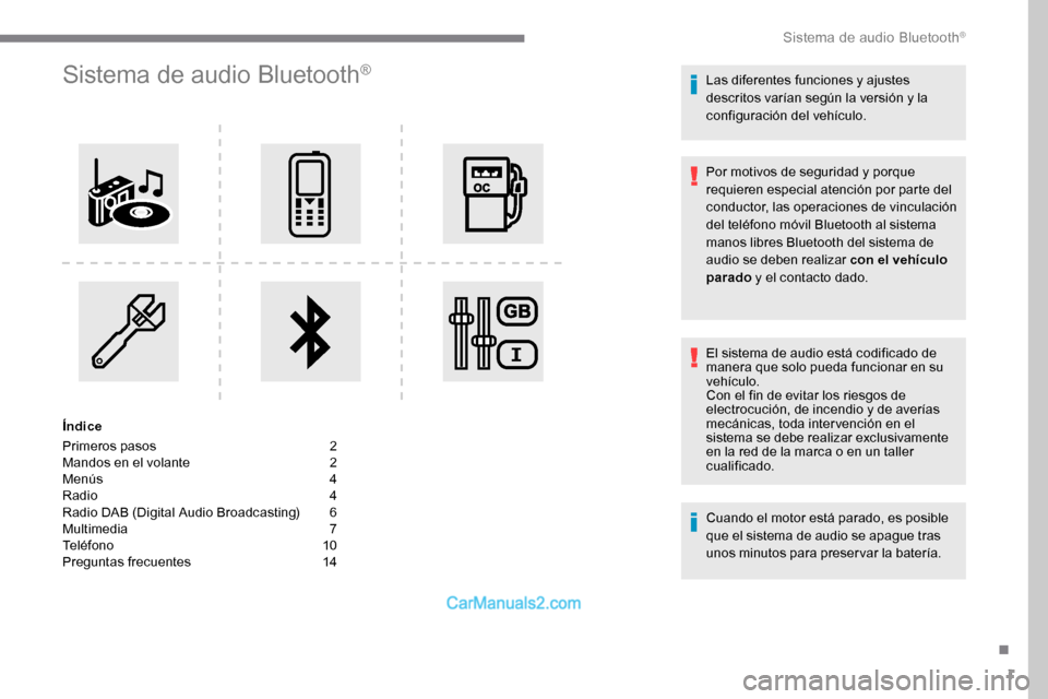 Peugeot Expert 2019 Manual del propietario (in Spanish) 1
Sistema de audio Bluetooth®
Índice
Primeros pasos
2
M
andos en el volante
2
M
enús
4
R
adio
4
R
adio DAB (Digital Audio Broadcasting)
6
M
ultimedia
7
T
eléfono
1
0
Pre Peugeot Expert 2019 Manual del propietario (in Spanish) 1
Sistema de audio Bluetooth®
Índice
Primeros pasos
2
M
andos en el volante
2
M
enús
4
R
adio
4
R
adio DAB (Digital Audio Broadcasting)
6
M
ultimedia
7
T
eléfono
1
0
Pre