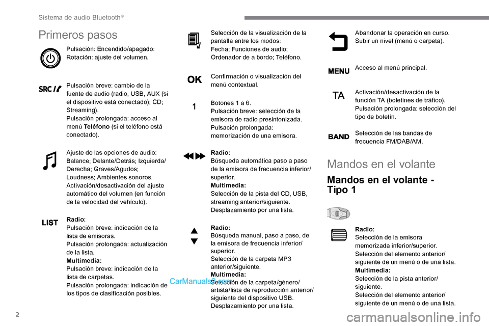 Peugeot Expert 2019 Manual del propietario (in Spanish) 2
Primeros pasos
Pulsación: Encendido/apagado:
Rotación: ajuste del volumen.
Pulsación breve: cambio de la
fuente de audio (radio, USB, AUX (si
el dispositivo está conectado); CD;
Streaming).
P Peugeot Expert 2019 Manual del propietario (in Spanish) 2
Primeros pasos
Pulsación: Encendido/apagado:
Rotación: ajuste del volumen.
Pulsación breve: cambio de la
fuente de audio (radio, USB, AUX (si
el dispositivo está conectado); CD;
Streaming).
P