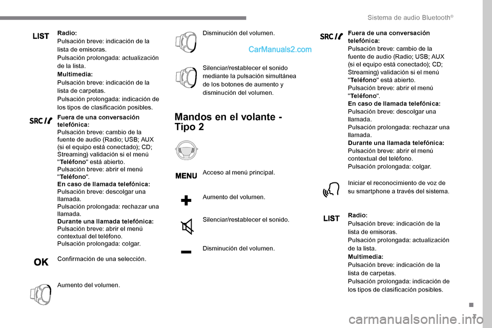 Peugeot Expert 2019 Manual del propietario (in Spanish) 3
Radio:
Pulsación breve: indicación de la
lista de emisoras.
Pulsación prolongada: actualización
de la lista.
Multimedia:
Pulsación breve: indicación de la
lista de carpetas.
Pulsación prol Peugeot Expert 2019 Manual del propietario (in Spanish) 3
Radio:
Pulsación breve: indicación de la
lista de emisoras.
Pulsación prolongada: actualización
de la lista.
Multimedia:
Pulsación breve: indicación de la
lista de carpetas.
Pulsación prol