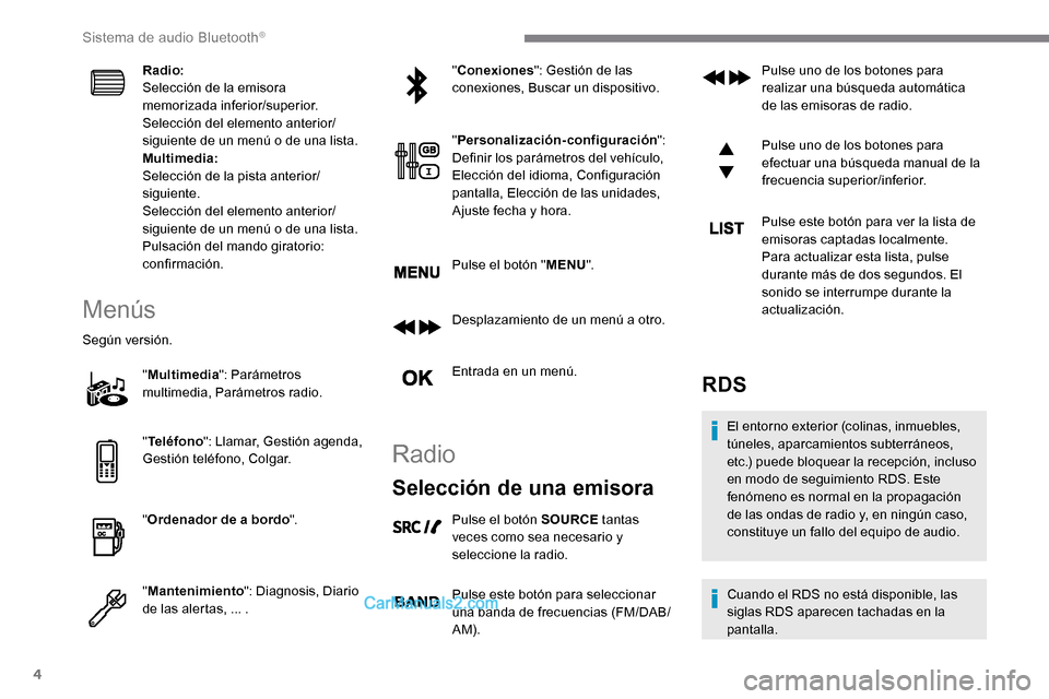 Peugeot Expert 2019 Manual del propietario (in Spanish) 4
Radio:
Selección de la emisora
memorizada inferior/superior.
Selección del elemento anterior/
siguiente de un menú o de una lista.
Multimedia:
Selección de la pista anterior/
siguiente.
Selecci Peugeot Expert 2019 Manual del propietario (in Spanish) 4
Radio:
Selección de la emisora
memorizada inferior/superior.
Selección del elemento anterior/
siguiente de un menú o de una lista.
Multimedia:
Selección de la pista anterior/
siguiente.
Selecci
