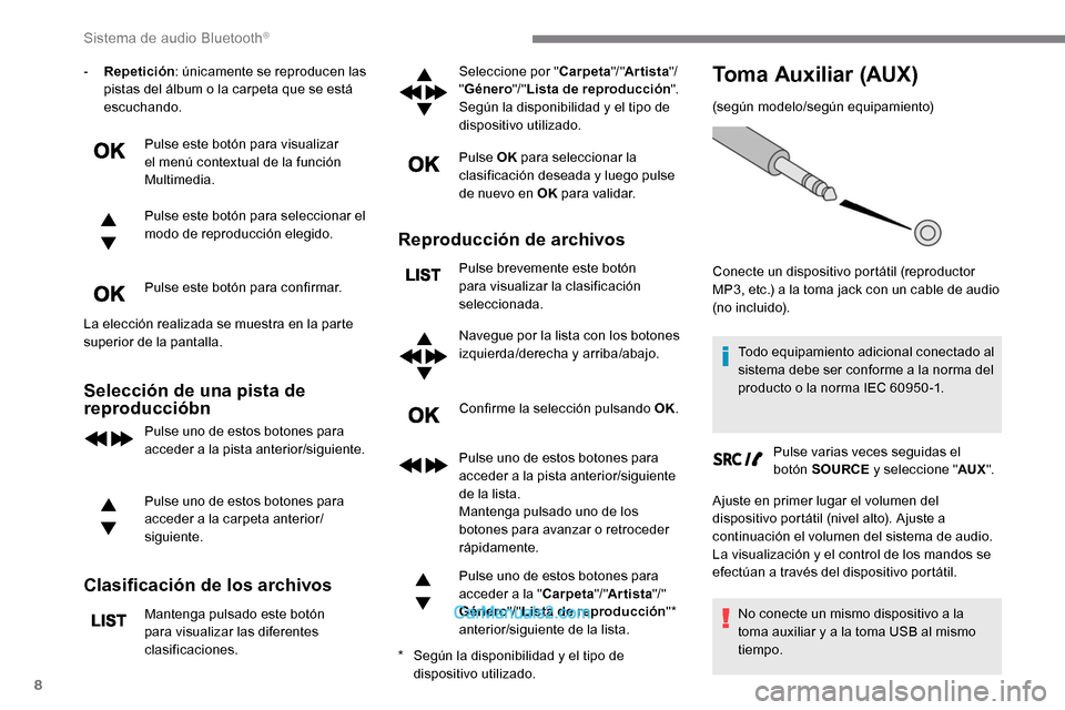 Peugeot Expert 2019 Manual del propietario (in Spanish) 8
- Repetición: únicamente se reproducen las
pistas del álbum o la carpeta que se está
escuchando.
Pulse este botón para visualizar
el menú contextual de la función
Multimedia.
Pulse este b Peugeot Expert 2019 Manual del propietario (in Spanish) 8
- Repetición: únicamente se reproducen las
pistas del álbum o la carpeta que se está
escuchando.
Pulse este botón para visualizar
el menú contextual de la función
Multimedia.
Pulse este b