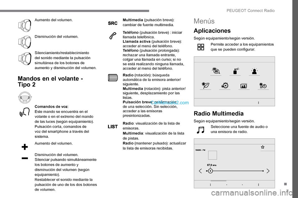 Peugeot Expert 2019 Manual del propietario (in Spanish) 3
Aumento del volumen.
Disminución del volumen.
Silenciamiento/restablecimiento
del sonido mediante la pulsación
simultánea de los botones de
aumento y disminución del volumen.
Mandos en el vol Peugeot Expert 2019 Manual del propietario (in Spanish) 3
Aumento del volumen.
Disminución del volumen.
Silenciamiento/restablecimiento
del sonido mediante la pulsación
simultánea de los botones de
aumento y disminución del volumen.
Mandos en el vol