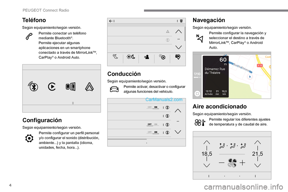 Peugeot Expert 2019 Manual del propietario (in Spanish) 4
21,518,5
Teléfono
Según equipamiento/según versión.Permite conectar un teléfono
mediante Bluetooth
®.
Permite ejecutar algunas
aplicaciones en un smartphone
conectado a través de MirrorLin Peugeot Expert 2019 Manual del propietario (in Spanish) 4
21,518,5
Teléfono
Según equipamiento/según versión.Permite conectar un teléfono
mediante Bluetooth
®.
Permite ejecutar algunas
aplicaciones en un smartphone
conectado a través de MirrorLin