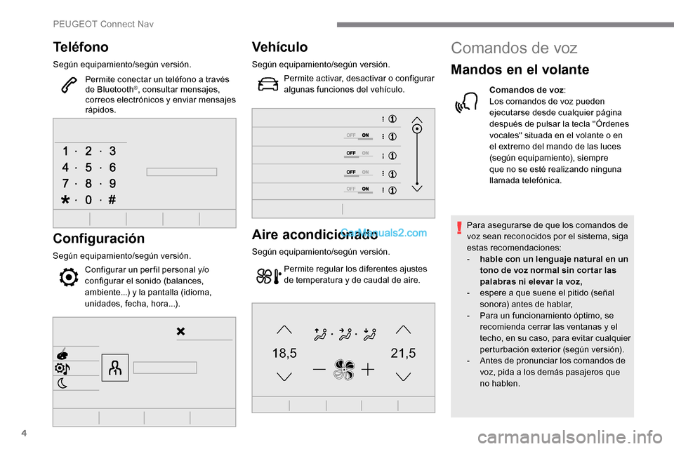 Peugeot Expert 2019 Manual del propietario (in Spanish) 4
21,518,5
Teléfono
Según equipamiento/según versión.Permite conectar un teléfono a través
de Bluetooth
®, consultar mensajes,
correos electrónicos y enviar mensajes
rápidos.
Configuració Peugeot Expert 2019 Manual del propietario (in Spanish) 4
21,518,5
Teléfono
Según equipamiento/según versión.Permite conectar un teléfono a través
de Bluetooth
®, consultar mensajes,
correos electrónicos y enviar mensajes
rápidos.
Configuració