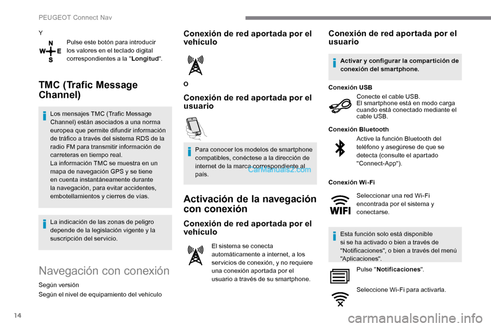 Peugeot Expert 2019 Manual del propietario (in Spanish) 14
YPulse este botón para introducir
los valores en el teclado digital
correspondientes a la " Longitud".
TMC (Trafic Message
Channel)
Los mensajes TMC (Trafic Message
Channel) están asociados a Peugeot Expert 2019 Manual del propietario (in Spanish) 14
YPulse este botón para introducir
los valores en el teclado digital
correspondientes a la " Longitud".
TMC (Trafic Message
Channel)
Los mensajes TMC (Trafic Message
Channel) están asociados a